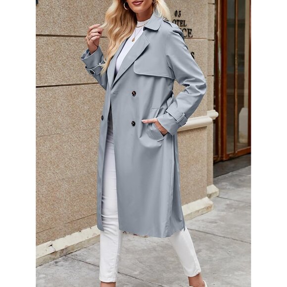 Women's Blue Double Breasted Causal Windproof Long Lapel Pocketed Trench Coats - Picture 4 of 5